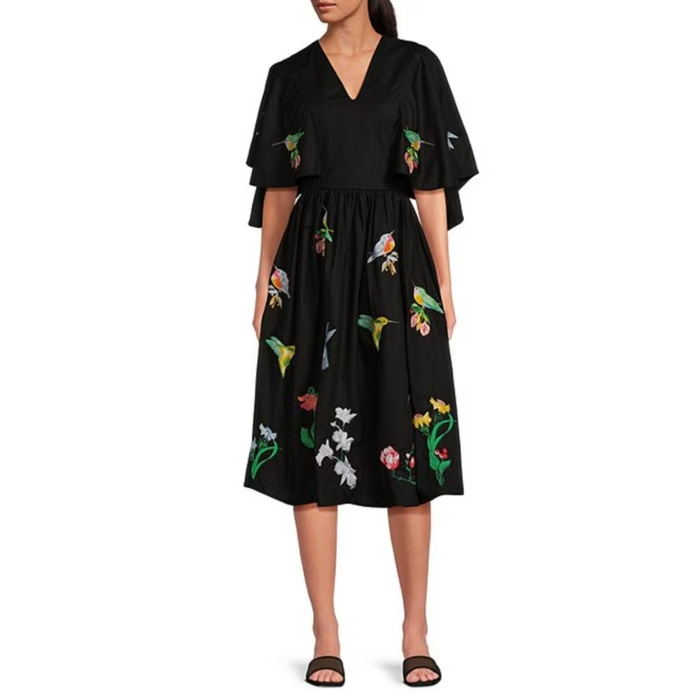 Fanm Mon Swazo V-Neck Bell Sleeve Cotton Embroidered Midi Dress